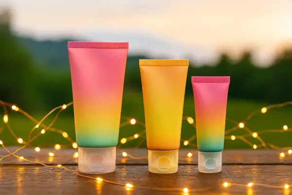 Tres tubos de cremas sin parabenos ni siliconas ni sulfatos, con degradado de colores, iluminados por luces cálidas.