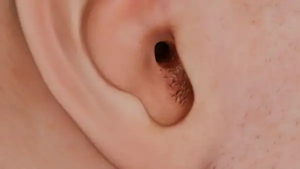 Detalle del canal auditivo de una oreja, mostrando un punto negro y acumulación de cera.