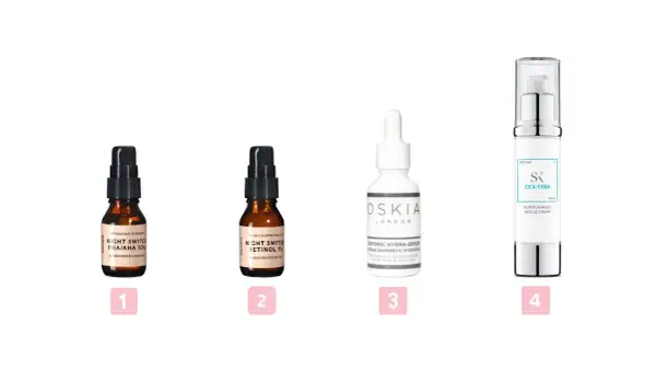 Rutina de skin cycling: exfoliante (1), retinol (2), sérum hidratante (3) y crema reparadora (4).