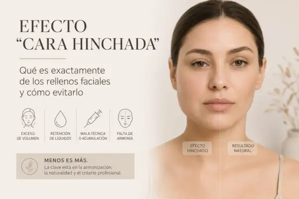 La imagen muestra un antes y después de un tratamiento facial, comparando un "efecto cara hinchada" con un "resultado natural". Se explican las causas de la cara hinchada.