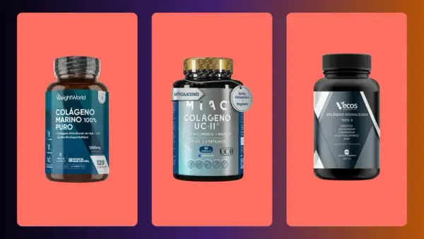 Tres botes de suplementos de colágeno: marino puro, UC-II con ácido hialurónico y magnesio, y colágeno hidrolizado tipo II. Tomar colágeno es bueno para las articulaciones.
