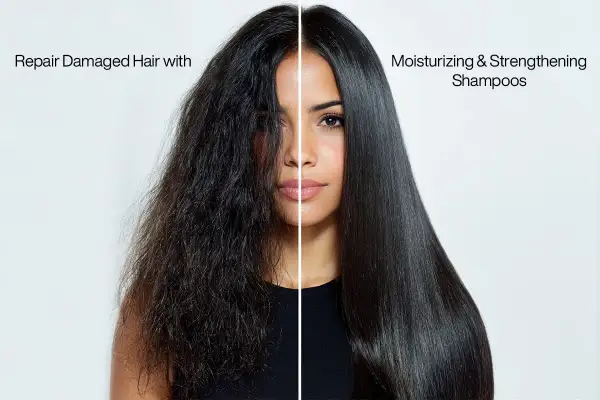 La mitad izquierda muestra pelo dañado y la derecha pelo reparado y brillante. ¡Di adiós al pelo dañado!