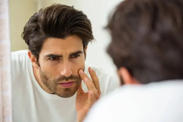 Hombre se examina la cara en el espejo, preocupado por la dermatitis en la barba.