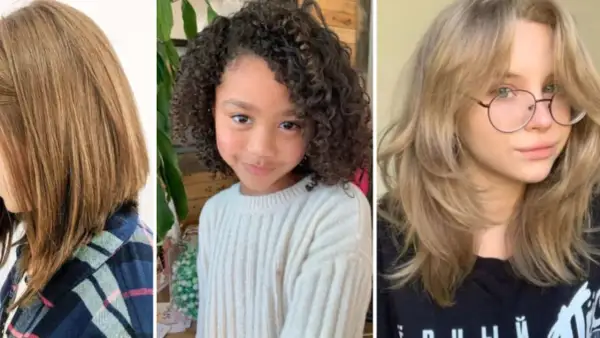 Tres estilos de cortes de pelo para niña de 10 años: bob liso, rizos naturales y melena escalada.