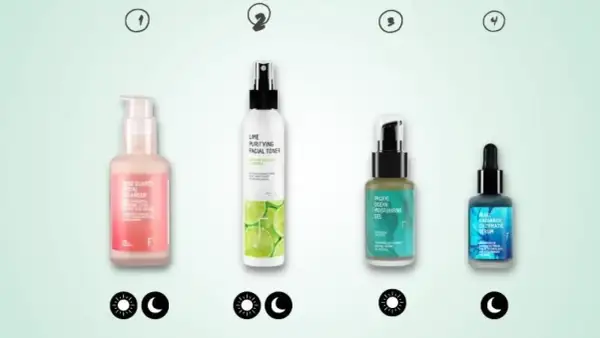 Rutina facial piel mixta: limpiador, tónico purificante, gel hidratante y sérum enzimático. Ideal para el día y la noche.