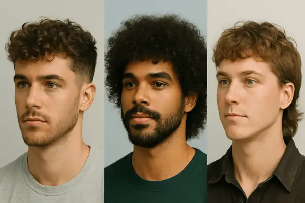 Tres hombres con estilos de cabello diferentes: un moderno corte de pelo rizado hombre, afro y mullet.